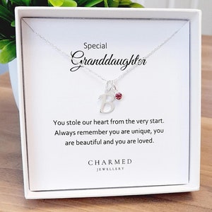 Collar con inicial de regalo para nieta con piedra de nacimiento en plata de ley 925, regalo personalizado para mujeres y niñas, regalo para nieta