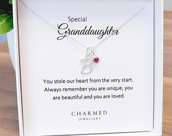 Granddaughter Gift Initial Necklace with Birthstone 925 Sterling Silver, Personalised Gift for Women & Girls, Gift for Granddaughter