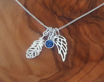 Angel Wing & Feather Birthstone Necklace 925 Sterling Silver Gift for Women