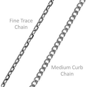 May include: Two silver chains, one labeled "Fine Trace Chain" and the other labeled "Medium Curb Chain".