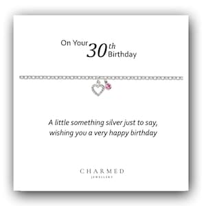 30th Birthday Gift, CZ Heart Bracelet with Birthstone 925 Sterling Silver, Personalised Jewellery, 30th Birthday Bracelet for Women