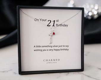 Collar con llave para el 21 cumpleaños con piedra natal de cristal / Plata de ley 925 / Regalo de joyería personalizada