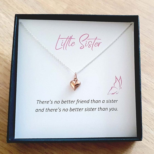 Little Sister Heart Necklace 925 Sterling Silver, Personalised Jewellery Sister Gift for Girl's