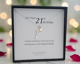 Cadeau voor je 21e verjaardag | Sterling zilveren sleutelketting met roségouden hartje | Gepersonaliseerd sieraad als aandenken