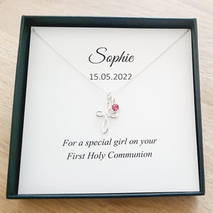 First Holy Communion Eternity Cross Birthstone Necklace 925 Sterling Silver, Personalised Communion Gift for Girl's