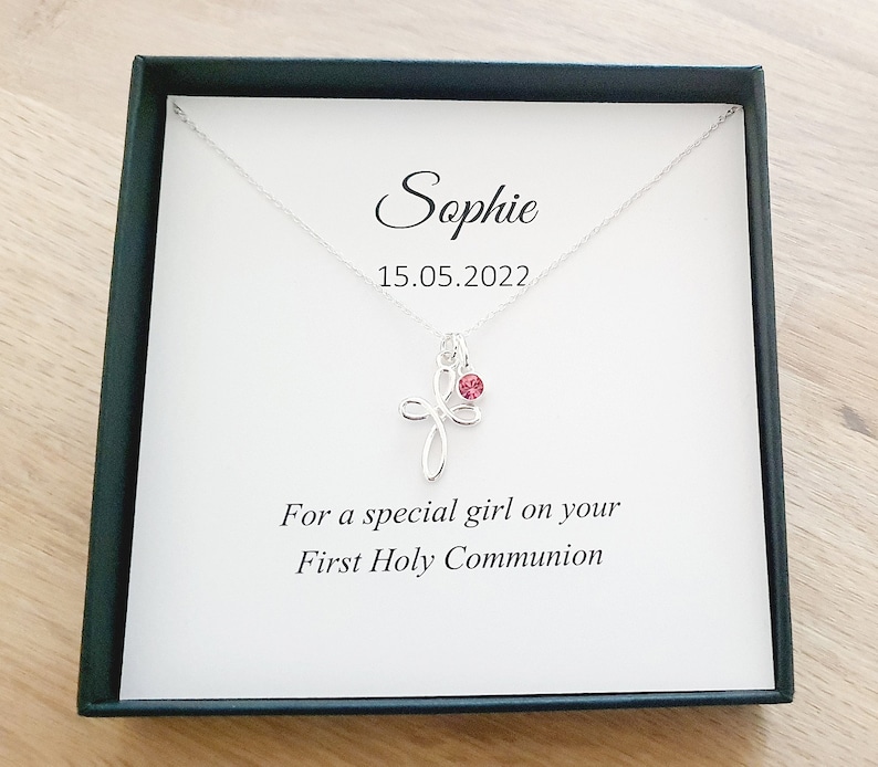 First Holy Communion Eternity Cross Birthstone Necklace 925 Sterling Silver, Personalised Communion Gift for Girl's image 1