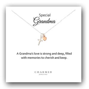 Special Grandma Gift Cross Necklace with Rose Gold Heart in 925 Sterling Silver, Personalised Jewellery Gift for Grandma