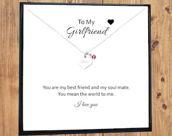 Girlfriend Gift, Engraved Heart Birthstone Necklace 925 Sterling Silver, Personalised Gift for Women, Gift for Girlfriend.