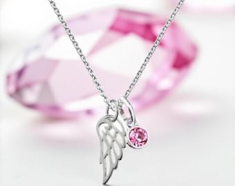 Sterling Silver Angel Wing Necklace: Crystal Birthstone Pendant