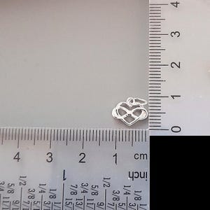 May include: Silver charm in the shape of an infinity symbol intertwined with a heart. The charm is approximately 1 inch in length.