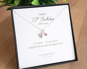 13.Geburtstagsgeschenk - Sterling Silber Puffy Herz Halskette mit Kristall Geburtsstein