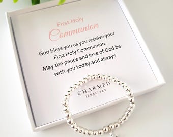 First Communion Silver Cross Bracelet: Sterling Silver Charm, Stretch Bead