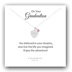 Graduation Gift, Engraved Heart Birthstone Necklace 925 Sterling Silver, Personalised Gift for Women, Gift for Graduation,
