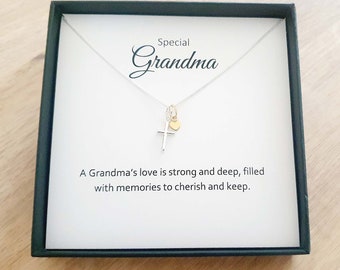 Special Grandma Cross with Gold Heart Necklace 925 Sterling Silver, Personalised Jewellery Gift for Women