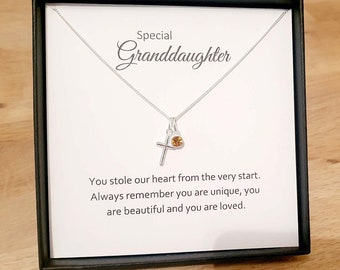 Granddaughter Gift, Cross Necklace, Birthstone 925 Sterling Silver, Personalised Jewellery Gift for Women & Girls, Gift for Granddaughter