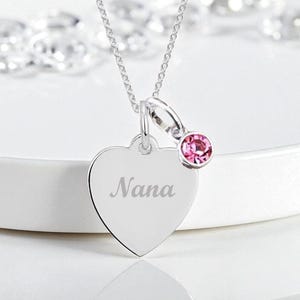 Personalised Nana Necklace: Engraved Sterling Silver Heart, Birthstone Charm