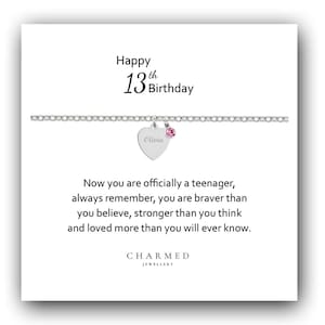 Engraved Heart Birthstone Bracelet: 925 Sterling Silver 13th Birthday Gift