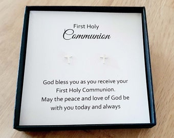 First Holy Communion Cross Stud Earrings 925 Sterling Silver, Personalised Jewellery Gift for Girl's