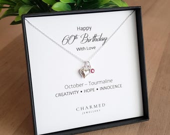 60th Birthday Gift – Sterling Silver Puffy Heart Necklace with Crystal Birthstone