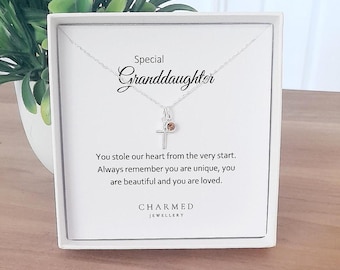 Sterling Silver Cross Necklace with Birthstone: Granddaughter Gift