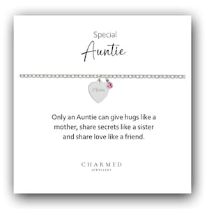 Auntie Gift, Engraved Heart Birthstone Bracelet 925 Sterling Silver, Personalised Gift for Women, Gift for Auntie, Gift from Niece