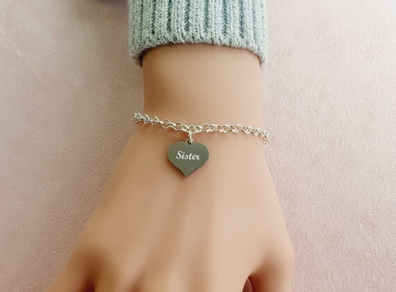 Buy Sister Personalised Engraved Heart Charm Link Bracelet for