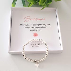 ブライズメイド パフィーハート チャームブレスレット、シルバービーズ、ウェディングジュエリー
