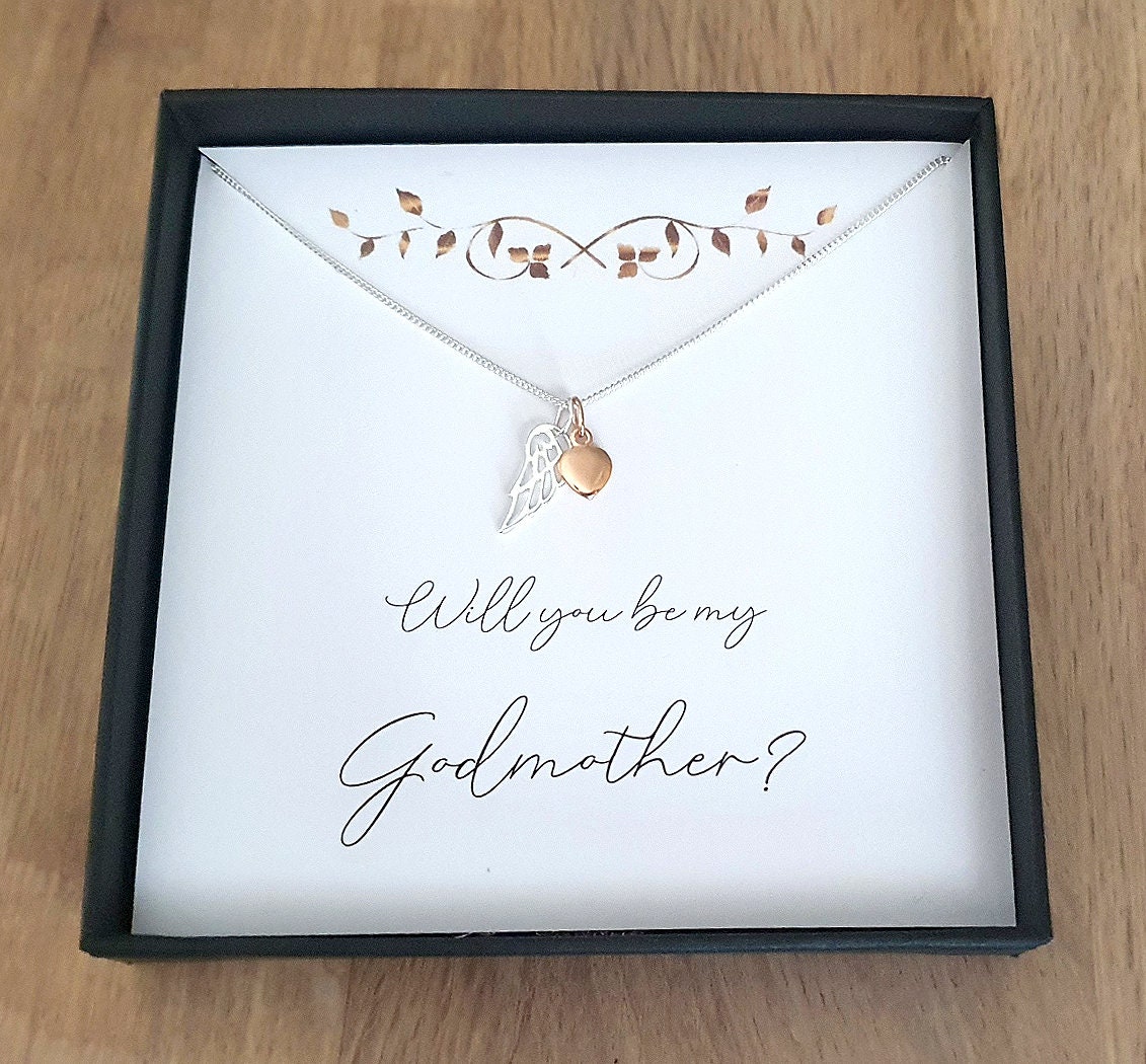 Godmother Gift: Sterling Silver Angel Wing Necklace with Rose Gold Heart