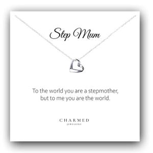 Step Mum Ribbon Heart Necklace 925 Sterling Silver, Personalised Jewellery Gift for Her, Mother&#39;s Day Gift, Step Mum Gift