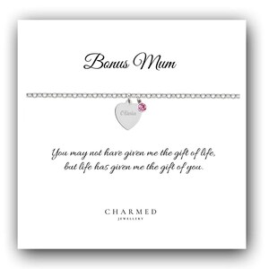 Bonus Mum Gift, Engraved Heart Birthstone Bracelet 925 Sterling Silver, Personalised Gift for Women, Gift for Step Mum, Gift for Foster Mum
