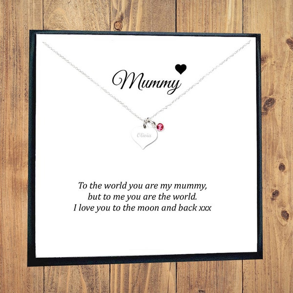 Mummy Gift, Engraved Heart Birthstone Necklace 925 Sterling Silver, Personalised Gift for Women, Gift for Mummy, Gift from Children.