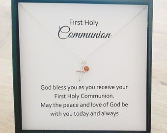 Erstkommunion Kreuz Birthstone Halskette 925 Sterling Silber, personalisierte Kommunion Geschenk für Mädchen