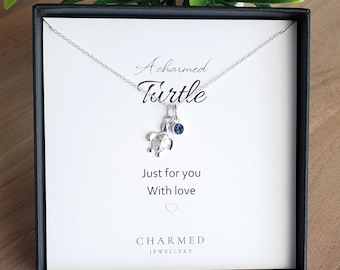 Sterling Silver Sea Turtle Necklace with Birthstone | Ocean Jewellery Gift for Her