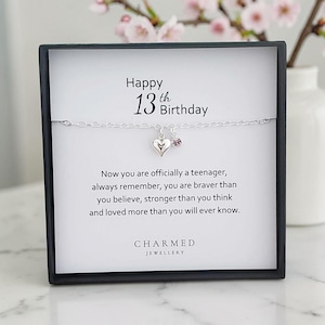 13th Birthday Gift | Sterling Silver Puffy Heart Birthstone Bracelet | Personalised Jewellery Keepsake