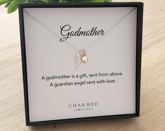 Godmother Gift | Sterling Silver Angel Wing Necklace with Rose Gold Heart