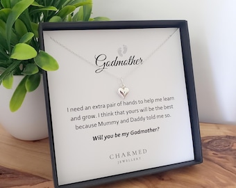 Sterling Silver Puffy Heart Necklace: Godmother Gift, Will you be my Godmother?