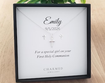 Sterling Silver Cross Necklace & Stud Earrings | First Communion Gift Set
