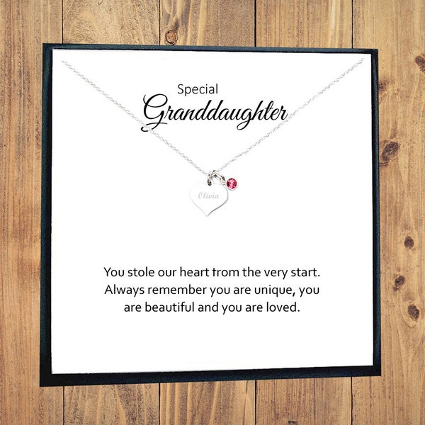 Granddaughter Gift, Engraved Heart Birthstone Necklace 925 Sterling Silver, Personalised Gift for Girl's and Women, Gift for Granddaughter.