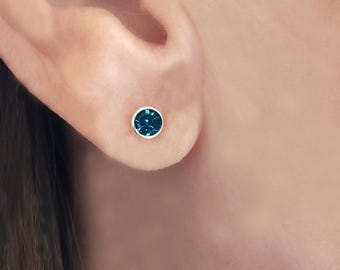 Blue Zircon Swarovski Crystal Stud Earrings: Sterling Silver December Birthstone