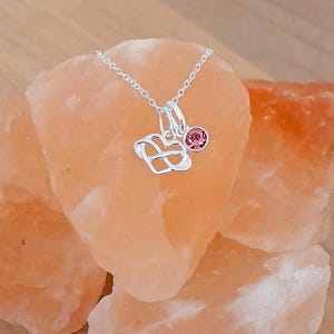 May include: A silver necklace with a heart-shaped pendant and a pink crystal charm.