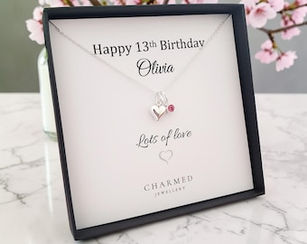 Sterling Silver Puffy Heart Necklace with Birthstone | 13th Birthday Gift | Personalised 925 Jewellery