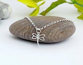 Pulsera con dije de libélula en plata de ley 925, regalo para niñas y mujeres.