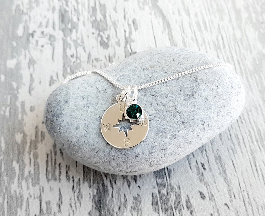 Compass Necklace With Optional Birthstone, 925 Sterling Silver Gift for Women, Gift for Girls