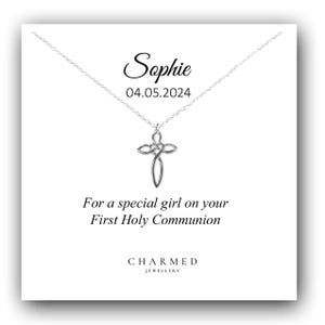 First Holy Communion Eternity Heart Cross Necklace 925 Sterling Silver, Personalised Communion Gift for Girl&#39;s, Gift for Holy Communion