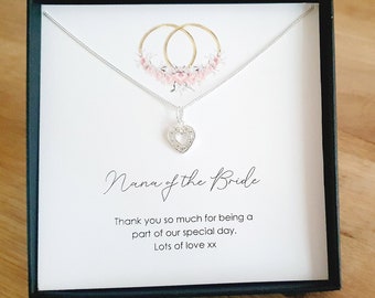 Nana of the Bride CZ Heart Necklace 925 Sterling Silver, Personalised Wedding Gift for Women