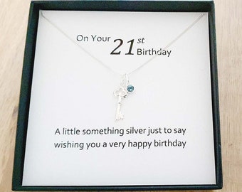 21st Birthday Key Birthstone Necklace 925 Sterling Silver, Personalised Jewellery Gift for Women