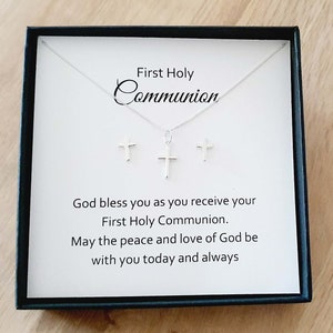 First Holy Communion Cross Stud Earrings & Necklace Gift Set 925 Sterling Silver, Personalised Jewellery Gift Set for Girl's image 1