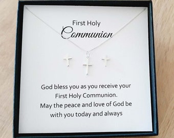 First Holy Communion Cross Stud Earrings & Necklace Gift Set 925 Sterling Silver, Personalised Jewellery Gift Set for Girl's