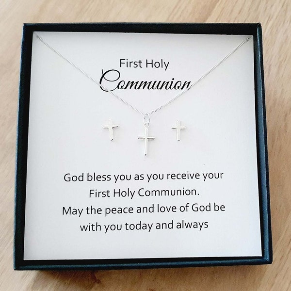 First Holy Communion Cross Stud Earrings & Necklace Gift Set 925 Sterling Silver, Personalised Jewellery Gift Set for Girl's