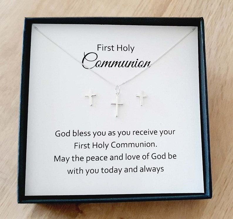 First Holy Communion Cross Stud Earrings & Necklace Gift Set 925 Sterling Silver, Personalised Jewellery Gift Set for Girl's image 1